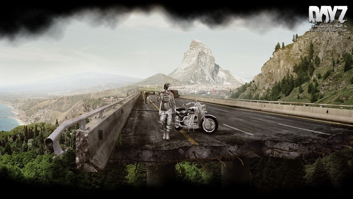 DayZ: A survivor and motorcycle on a broken bridge