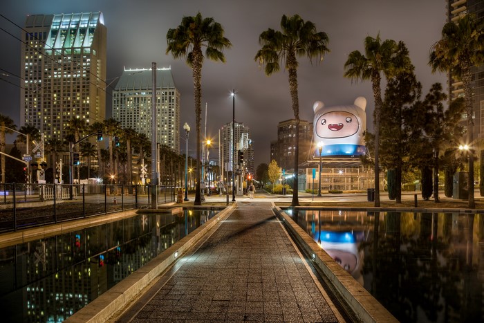 Finn the Human inflatable in San Diego at night