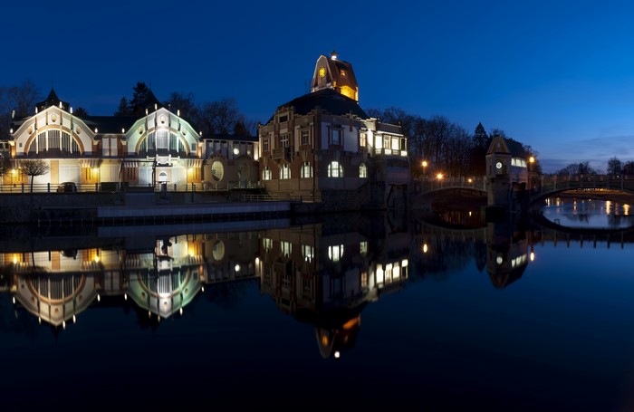 Building by the river at night, Czech Republic
