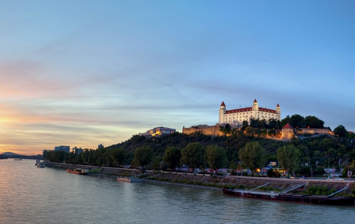 Bratislava Castle overlooking the Danube River at sunset, Slovakia