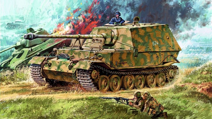Ferdinand tank destroyer and soldiers in battle