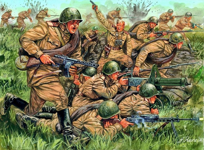 Soldiers in battle with machine guns