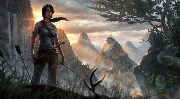 Lara Croft from Tomb Raider with bow and arrows in mountains