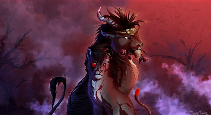 Two anthropomorphic lions with roses in a dark, misty forest