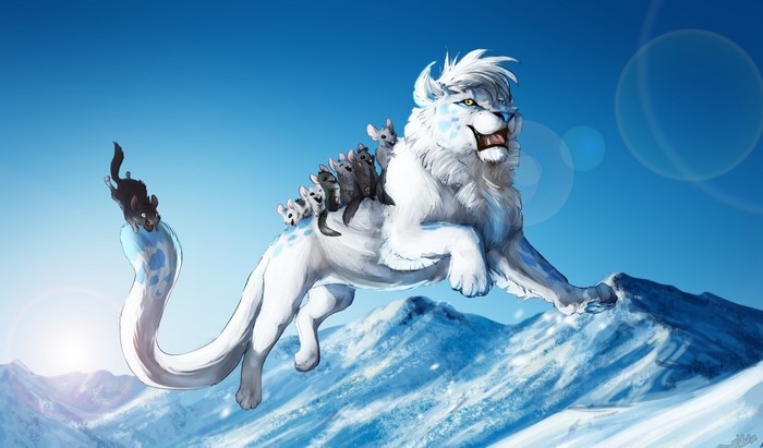 White lion with cubs on snowy mountains