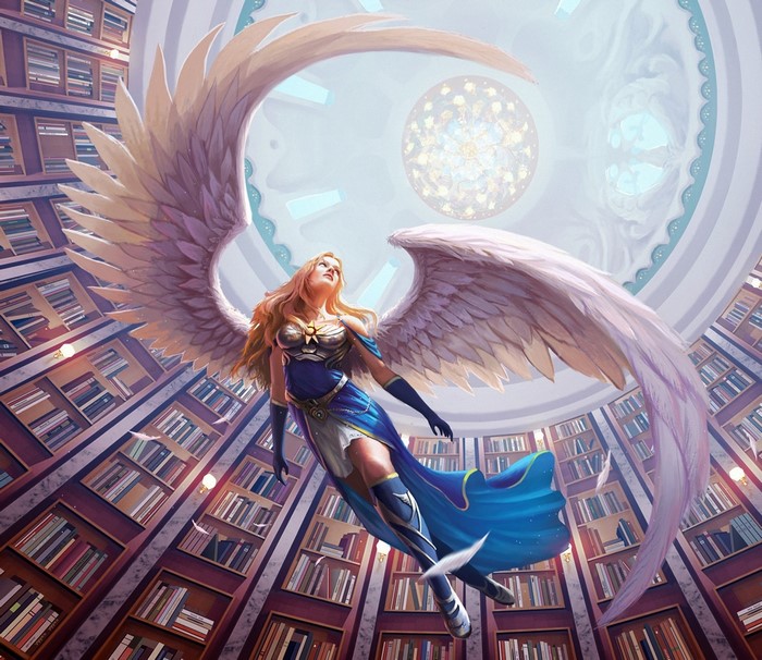Angel flying in a circular library