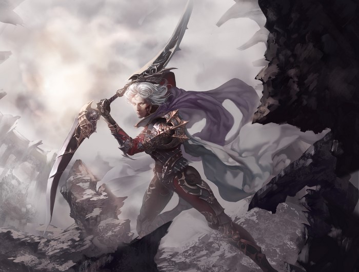 Warrior with sword and armor in a rocky landscape
