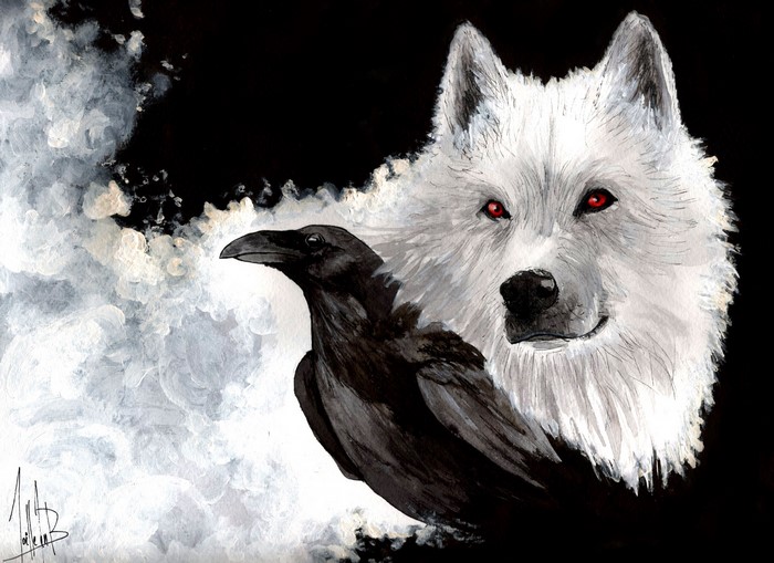 White wolf with red eyes and black crow