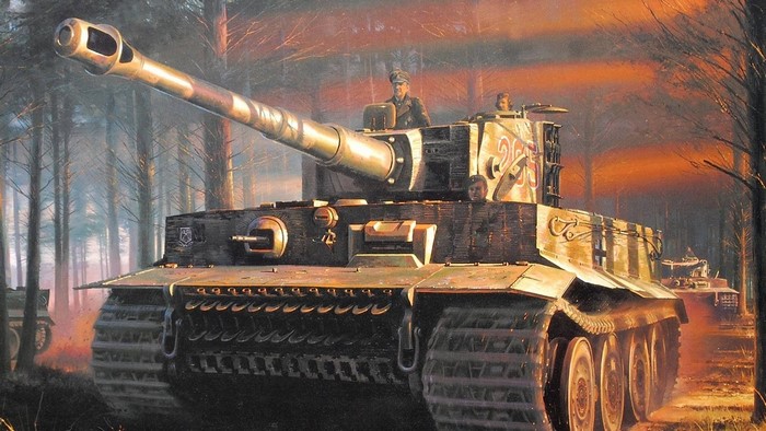 Painting of German Tiger tanks in a forest