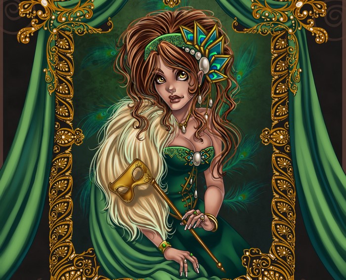 Woman in green dress with mask and peacock feathers