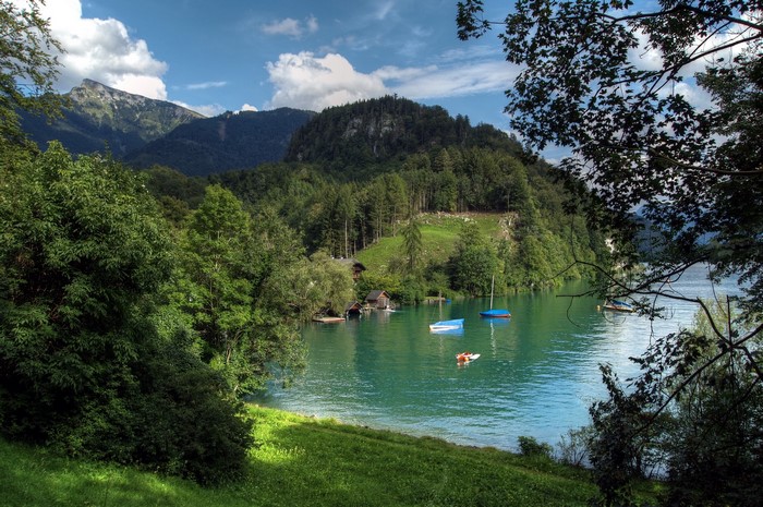 Lake Wolfgangsee in Austria with boats and mountains