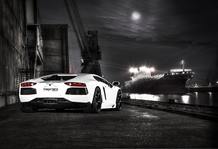White Lamborghini Aventador LP700-4 at Night Dock