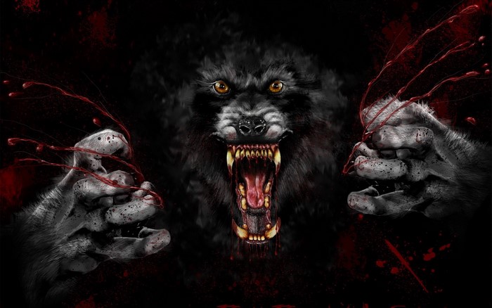 A terrifying werewolf with sharp teeth and blood
