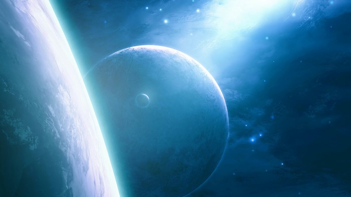 Planets in deep space with bright light