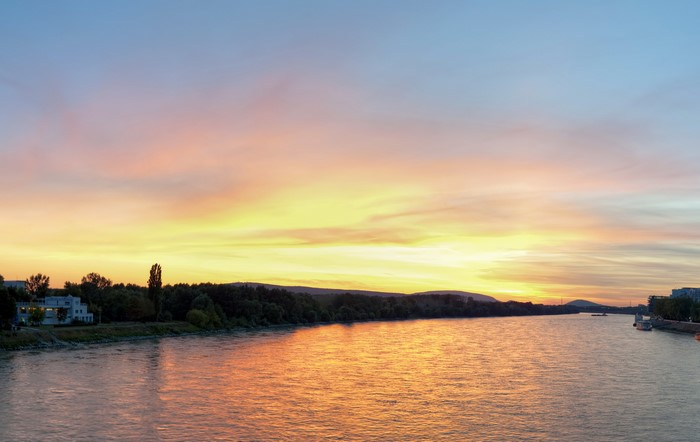 Sunset over the Danube River in Bratislava, Slovakia