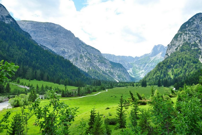 Valley with mountains and green meadows in Tyrol, Austria