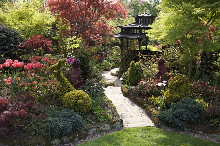 Japanese garden with pagoda and topiary