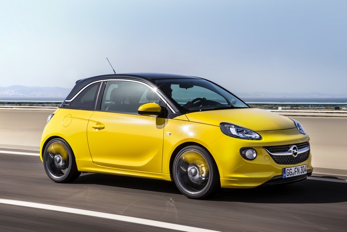 Yellow Opel Adam Slam with OPC Line Pack driving