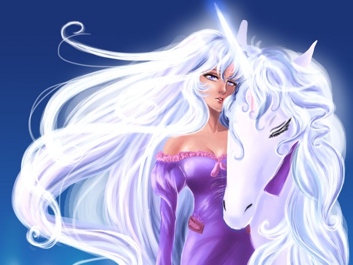 Woman with long white hair and a unicorn