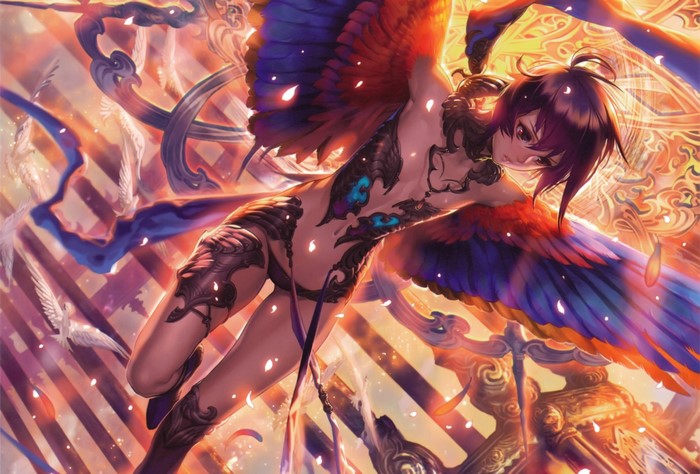 Winged figure with tattoos and colorful wings