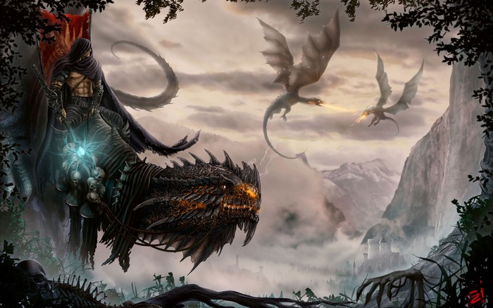 Warrior riding a dragon with mage staff and fighting dragons