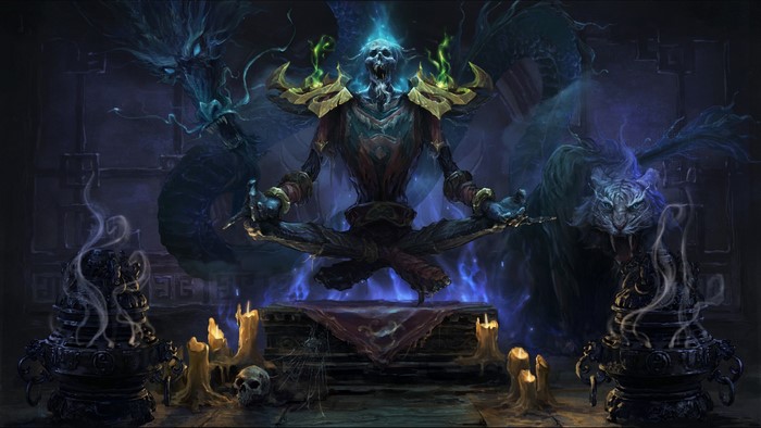 Undead skeleton meditating with dragon and tiger spirits