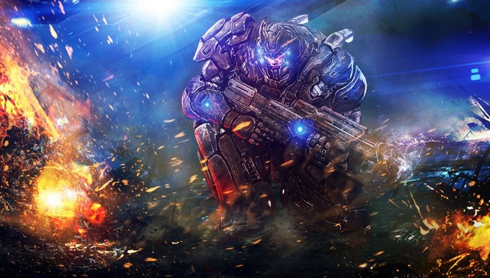 Armored warrior with assault rifle in battle