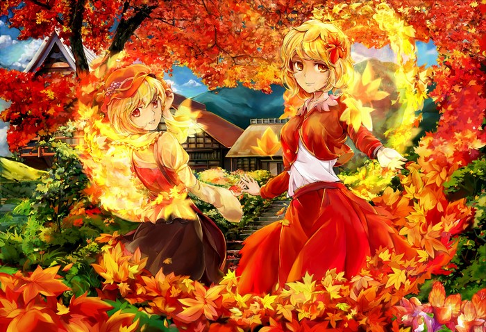 Two anime girls in autumn foliage