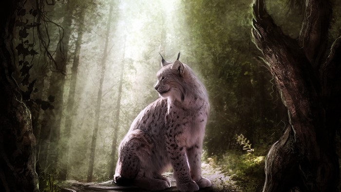 Lynx sitting in a sunlit forest