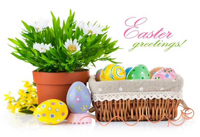 Easter Greetings with Decorated Eggs and Flowers