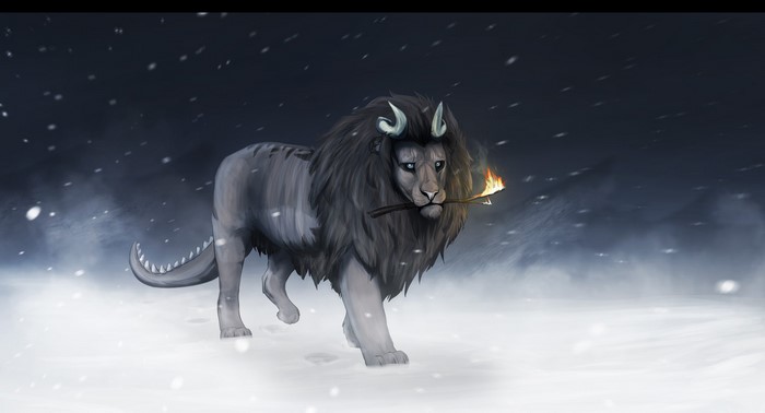 Mythical creature with horns and a torch in snow