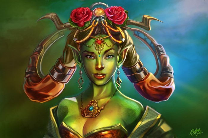 Green-skinned woman with horns and roses