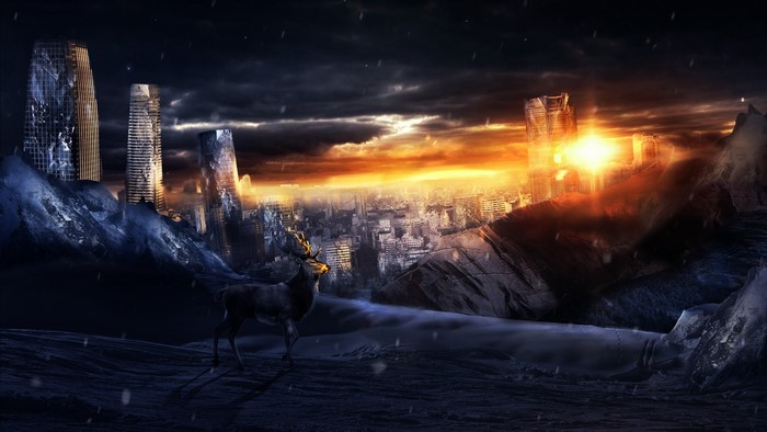 Deer in a post-apocalyptic city at sunset