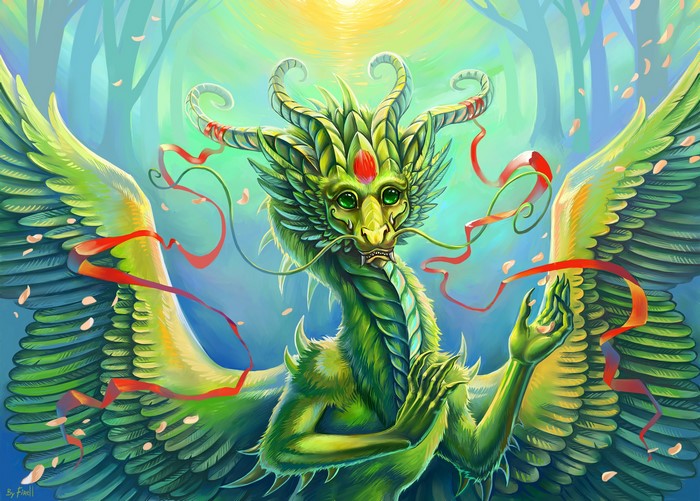 Green dragon with wings and red ribbons