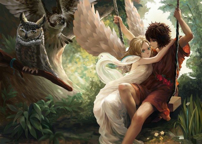 Angel and man on a swing with owls