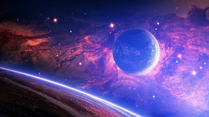 Planets in a colorful nebula with stars