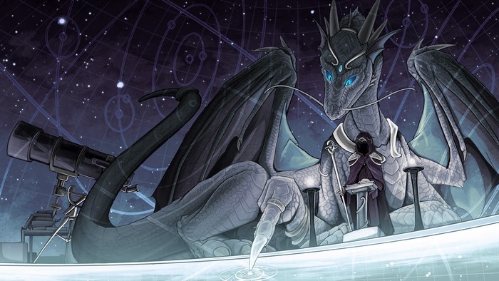 Dragon and cloaked figure in observatory