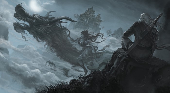 Woman and Dragon near Floating Temples with Warrior