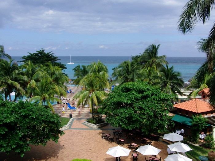 Resort in Ocho Rios, Jamaica with palm trees and ocean view