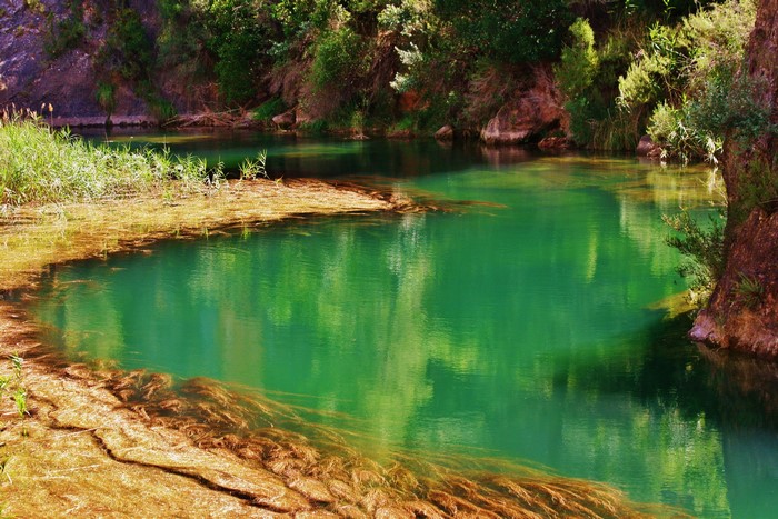 Emerald river flowing through a rocky, forested gorge