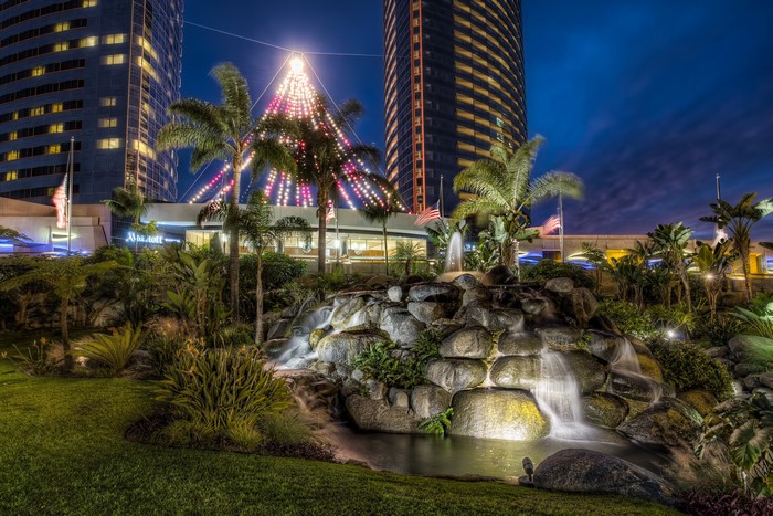 Marriott Hotel Waterfall and Christmas Tree at Night in San Diego