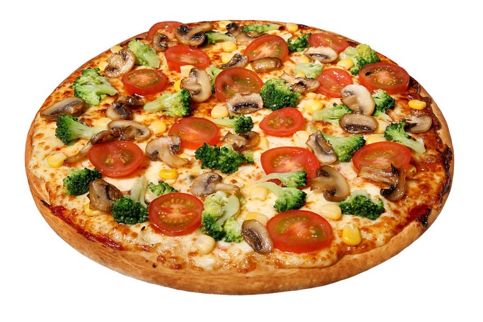 Vegetable pizza with mushrooms, tomatoes, and broccoli