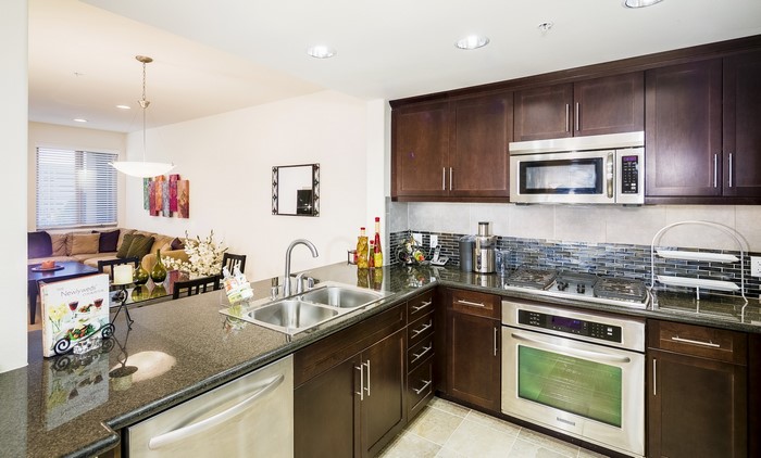 Modern kitchen with dark wood cabinets and granite countertops