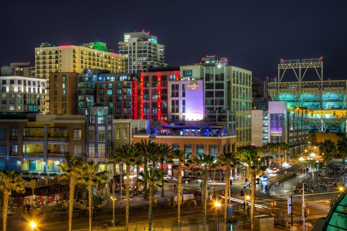 San Diego skyline at night with palm trees