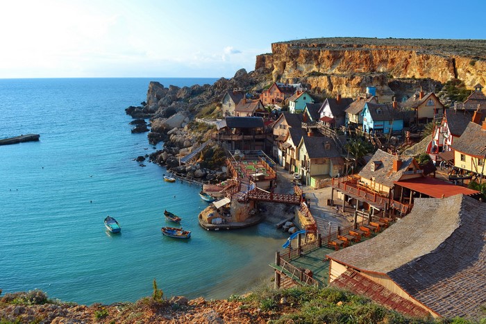 Popeye Village, Malta, Coastline with Colorful Houses and Boats