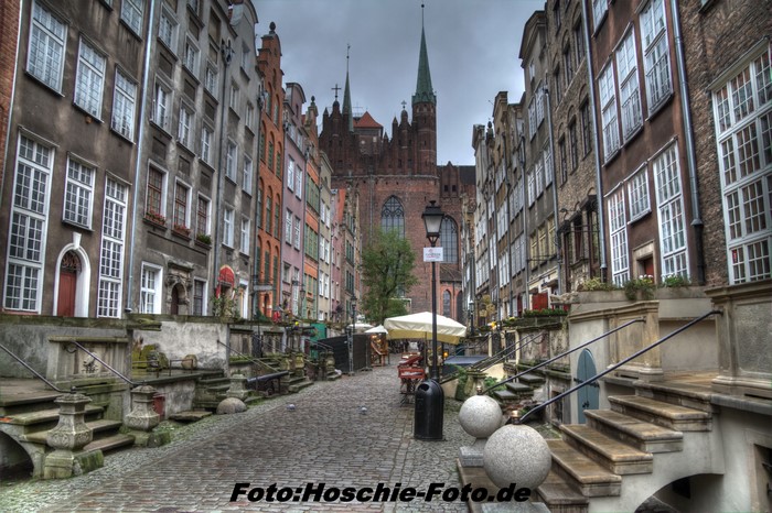 Street in Gdańsk, Poland with St. Mary's Church
