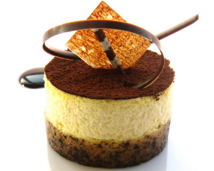 Tiramisu cake with chocolate garnish