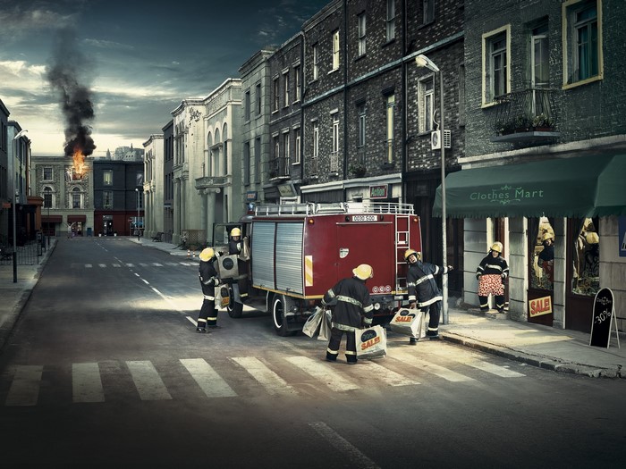 Firefighters shopping during a fire