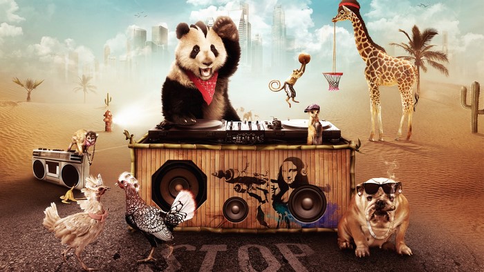 Panda DJing with Animals in a Desert Party