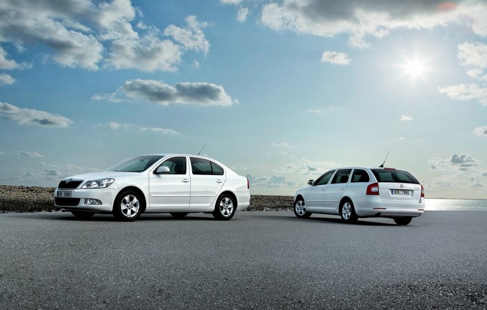 Two white Skoda Octavia cars by the sea
